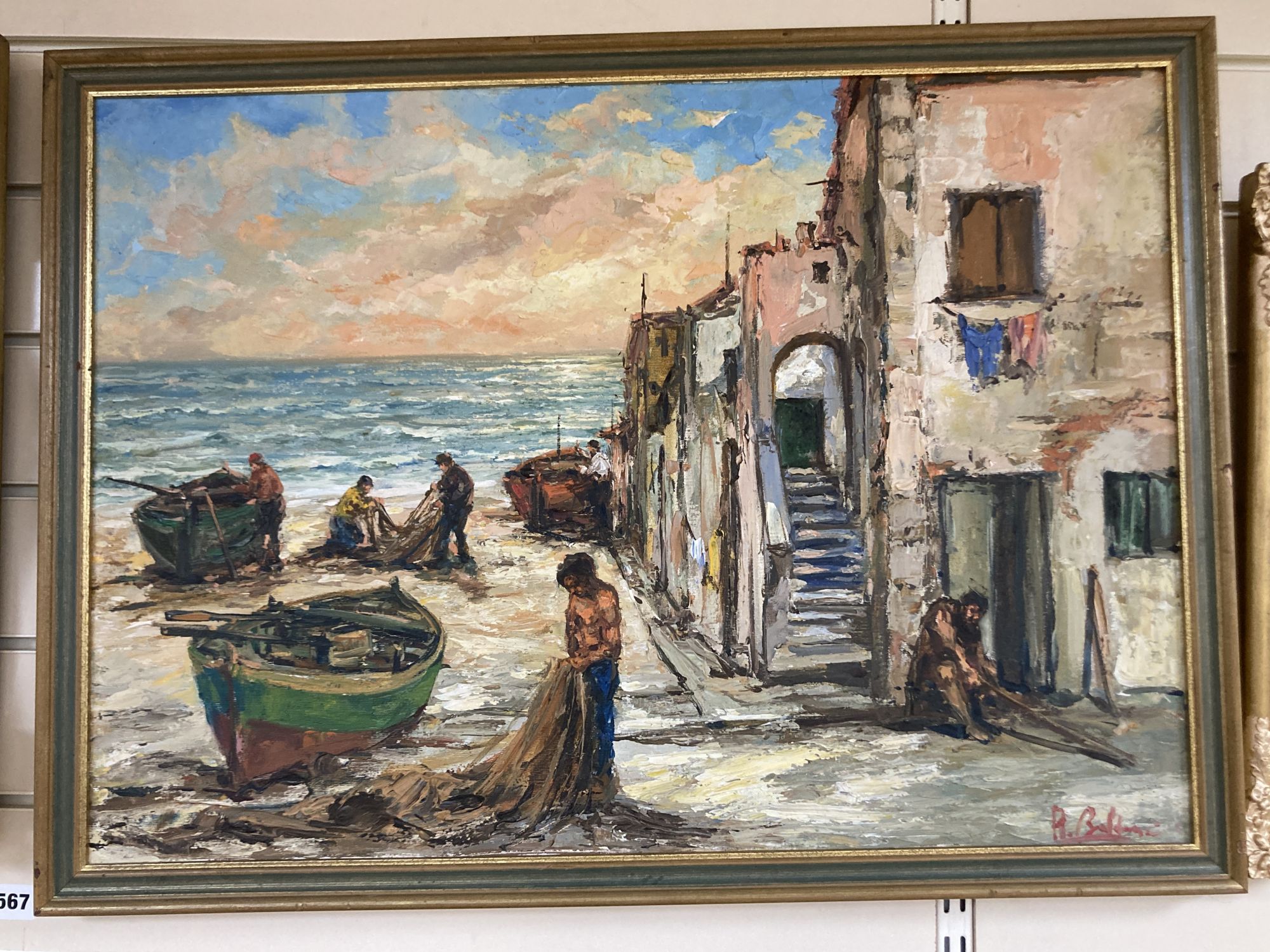 Roberto Baldassarini, oil on canvas, Liguria Villaggio di Pescatori, signed with 1985 label verso, 50 x 70cm